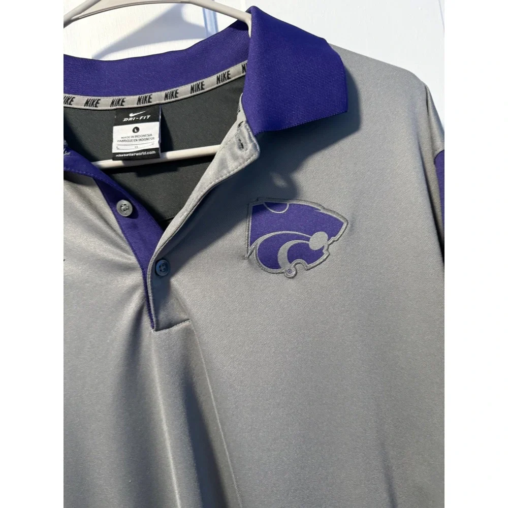 Nike Polo Shirt Mens L Grey Purple K-State Wildcats Dri-FIT